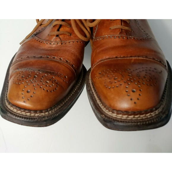 Mezlan Oxford 10 M Tan Camel Lace Tie Handmade Spain Tooled Leather Cap Toe
